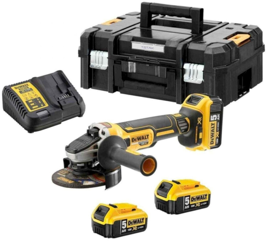 DeWALT DCG405P3-QW 18V haakse accu slijpmachine incl. 3x 5.0Ah accu&apos;s en lader in koffer